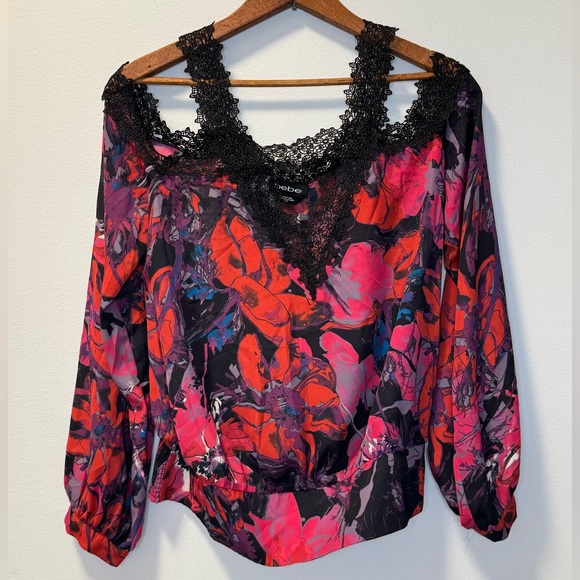 Bebe Cold Shoulder Lace Floral Detail Long Sleeve Blouse Top - Picture 1 of 5